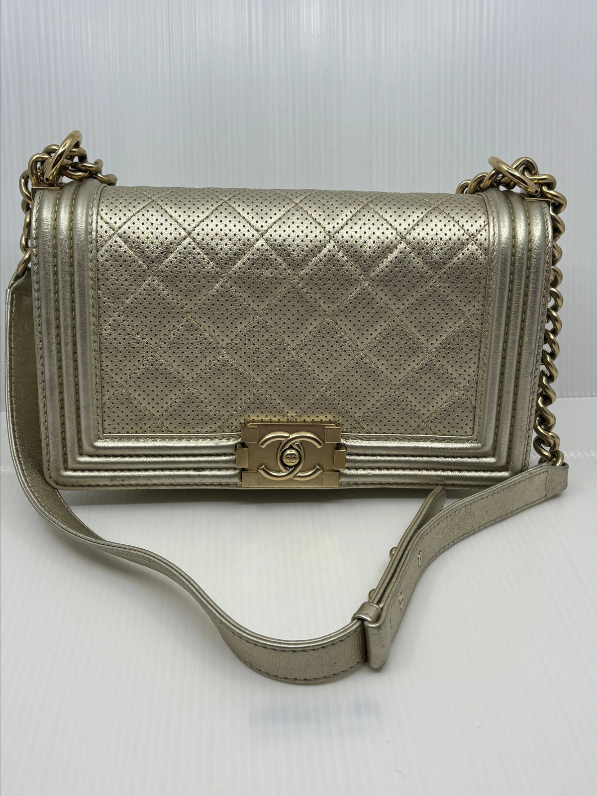Chanel Medium Boy Perforated Gold Leather Bag (NC818-43)