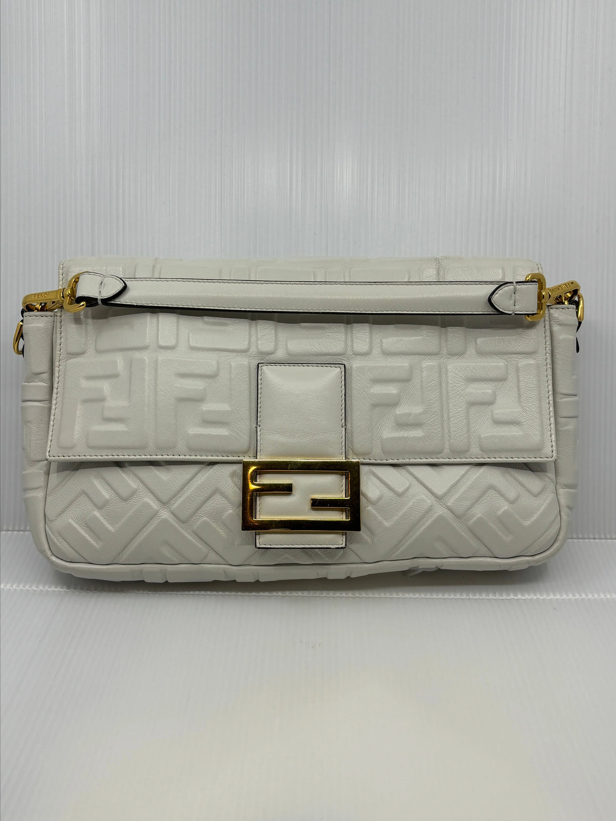 Fendi Baguette White Embossed FF Leather Shoulder Bag NM924-3